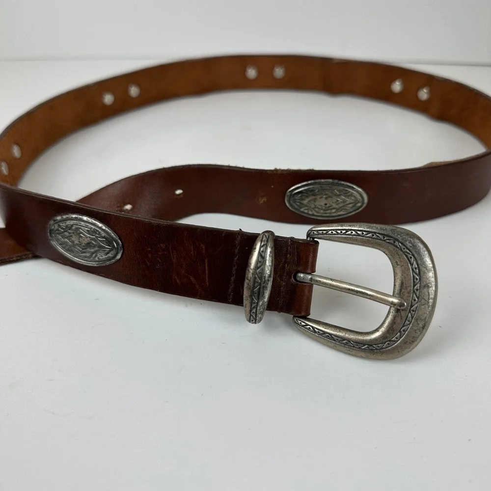 Vintage Western Brown Leather Concho Belt Silver Tone Engraved Buckle Size XL *